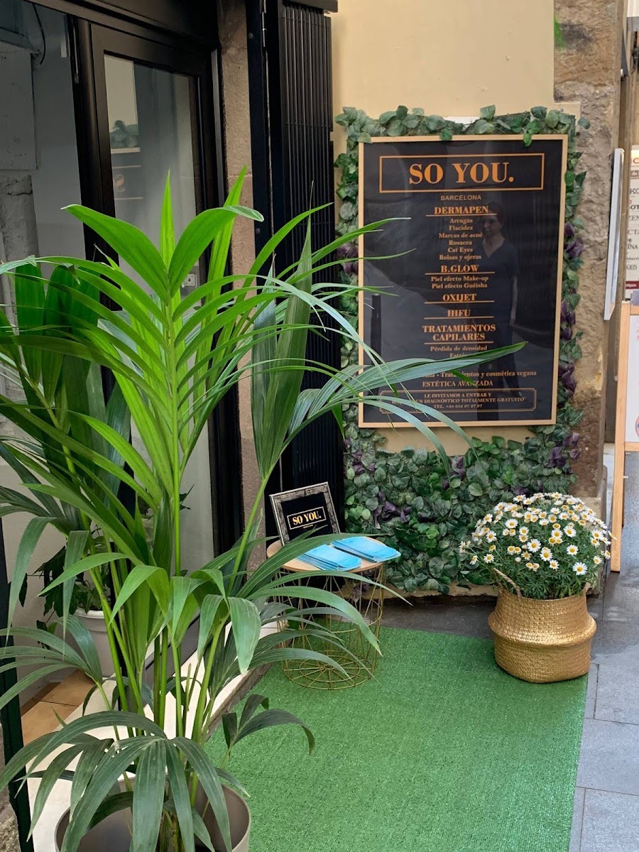 Entrada del centro de estética con plantas, césped artificial, cartel informativo de servicios y flores